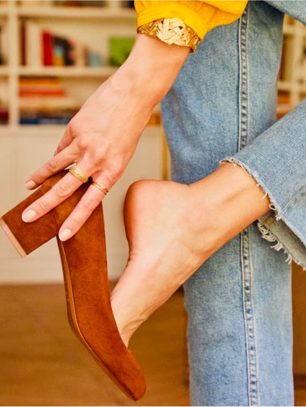 Classic Block Heel Pumps in Cognac Suede - Picture 2 of 6